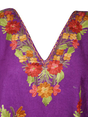 Women Short Kaftan Dress, Purple Cotton Embroidered, Oversized Tunic, Leisure Wear L-2X