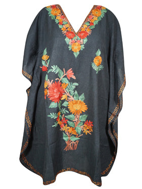 Women Mid Night Black Short Kaftan, Cotton Embroidered Short Kimono Caftan Dresses L-2X