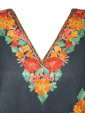 Womens Black Short Kaftan, Cotton Embroidered Short Kimono Caftan Dresses L-2X