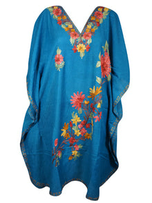  Womens Blue Caftan Dress, Embroidered, Butterfly Sleeves, Cruise Kaftan Short Dress L-2X