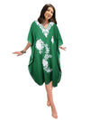 Women Midi Kaftan Dress Forest Green Cotton Embroidered, Oversized Tunic L-2X