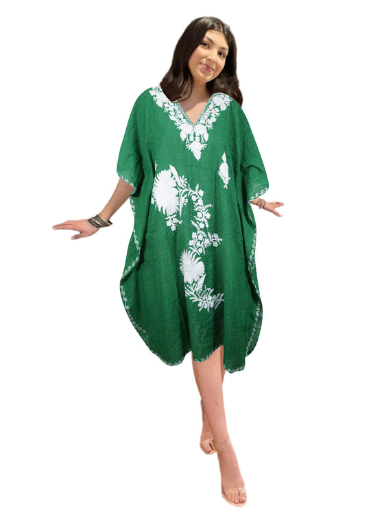Women Midi Kaftan Dress Forest Green Cotton Embroidered, Oversized Tunic L-2X