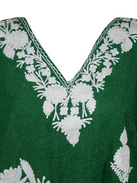 Women Short Kaftan Dress, Forest Green Cotton Embroidered, Oversized Tunic, Beach Wear L-2X