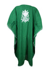 Women Short Kaftan Dress, Forest Green Cotton Embroidered, Oversized Tunic, Beach Wear L-2X