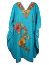 Women Short Kaftan Dress, Blue Cotton Embroidered, Oversized Tunic, Leisure Wear L-2X