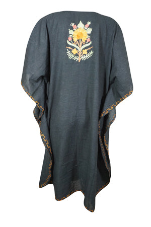 Womens Black Caftan Dress, Embroidered, Butterfly Sleeves, Cruise Kaftan Short Dress L-2X
