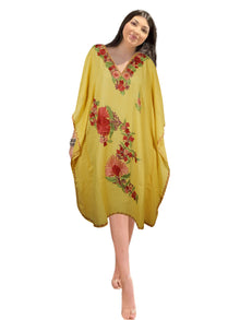  Womens Lemoncello Caftan Dress, Cotton, Embroidered Oversized Tunic Dresses L-2X