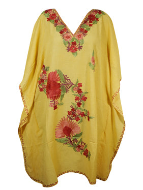 Womens Lemoncello Caftan Dress, Cotton, Embroidered Oversized Tunic Dresses 