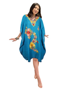  Blue Caftan Dress Embroidered Butterfly Sleeves, Cruise Kaftan Short Dress L-2X