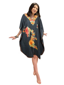  Womens Black Midi Kaftan Cotton Embroidered Kimono Caftan Dresses L-2X