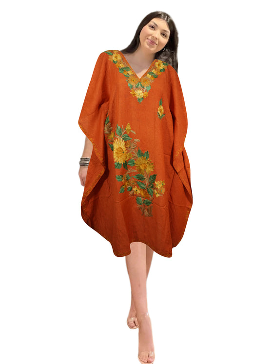 Women's Orange Muumuu Caftan Short Dress, Embroidered Kimono Dresses L-2X