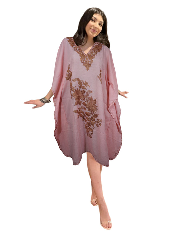 Womens Pink Caftan Dress, Embroidered, Butterfly Sleeves, Cruise Kaftan Short Dress L-2X