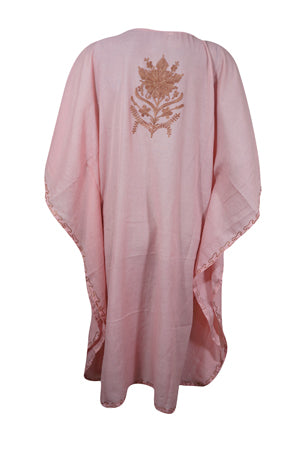 Womens Pink Caftan Dress, Embroidered, Butterfly Sleeves, Cruise Kaftan Short Dress L-2X