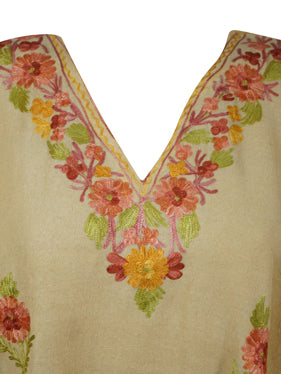 Women's Beige Muumuu Caftan Short Dress, Cotton Embroidered Kimono Dresses L-2X