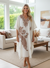 Women’s White Embroidered Caftan Dress | Short Cruise Kaftan with Butterfly Sleeves L-2X