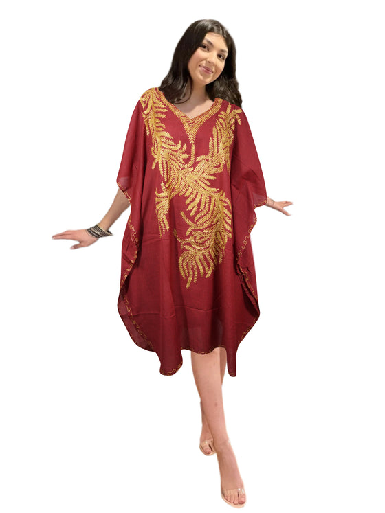 Womens Blood Red Caftan Dress Embroidered Butterfly Sleeves, Cruise Kaftan Short Dress L-2X