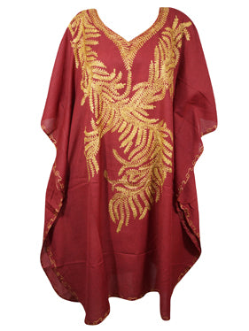 Womens Blood Red Caftan Dress Embroidered Butterfly Sleeves, Cruise Kaftan Short Dress L-2X