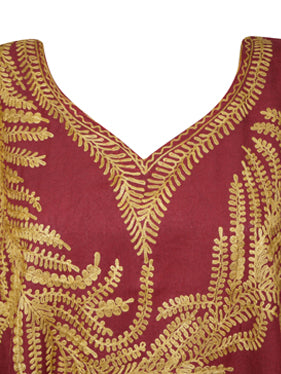 Womens Blood Red Caftan Dress Embroidered Butterfly Sleeves, Cruise Kaftan Short Dress L-2X