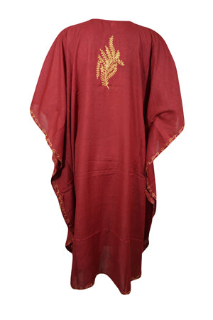 Womens Blood Red Caftan Dress Embroidered Butterfly Sleeves, Cruise Kaftan Short Dress L-2X