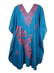  Womens Blue Caftan Dress, Embroidered Butterfly Sleeves, Cruise Kaftan Short Dress L-2X