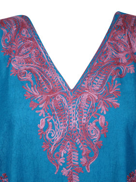 Womens Blue Caftan Dress, Embroidered Butterfly Sleeves, Cruise Kaftan Short Dress L-2X
