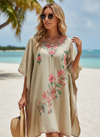 Women’s Beige Midi Kaftan Dress | Cotton Embroidered Beach Kimono Caftan L-2X
