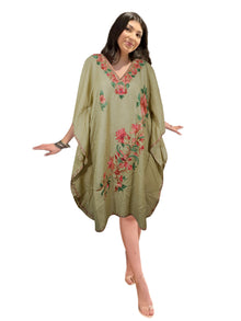  Women Beige Midi Kaftan Beach Kaftan Cotton Embroidered Kimono Caftan Dresses L-2X