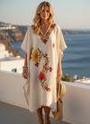 White Boho Kimono Kaftan Dress | Embroidered Short Kaftan for Women L-2X