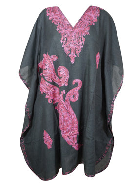 Womens Black Caftan Dress, Gift For Her, Embroidered, Butterfly Sleeves, Short Dress L-2X