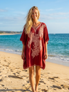 Women’s Fiesta Red Embroidered Caftan Dress – Midi Boho Kaftan with Butterfly Sleeves  L-2X