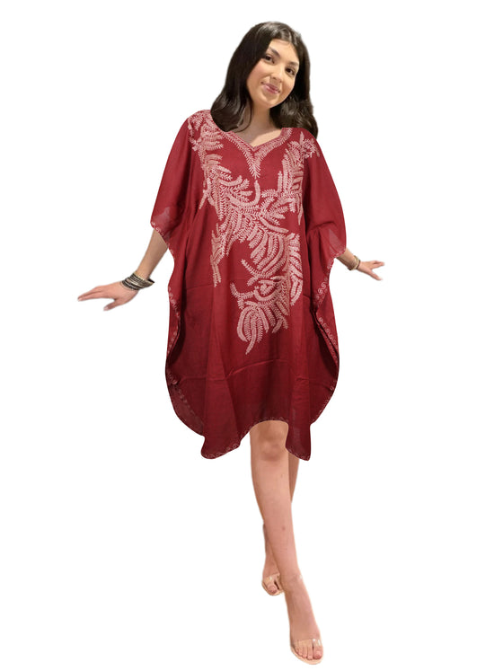 Women's Fiesta Red Embroidered Caftan Dress – Midi Length with Butterfly Sleeves L-2X