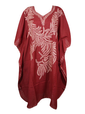 Women's Fiesta Red Embroidered Caftan Dress – Midi Length with Butterfly Sleeves L-2X
