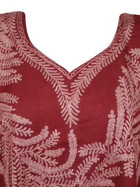 Women's Fiesta Red Embroidered Caftan Dress – Midi Length with Butterfly Sleeves L-2X