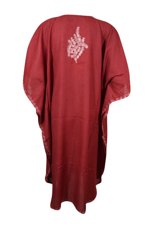 Women's Fiesta Red Embroidered Caftan Dress – Midi Length with Butterfly Sleeves L-2X