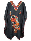 Womens Jet Black Caftan Dress, Gift For Her, Cotton Embroidered Kimono Dress, L-2X