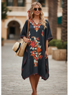 Women’s Jet Black Caftan Dress | Cotton Embroidered Kimono Gift for Her  L-2X