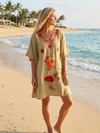 Women’s Beige Cotton Embroidered Kaftan – Short Boho Dress Gift for Her L-2X
