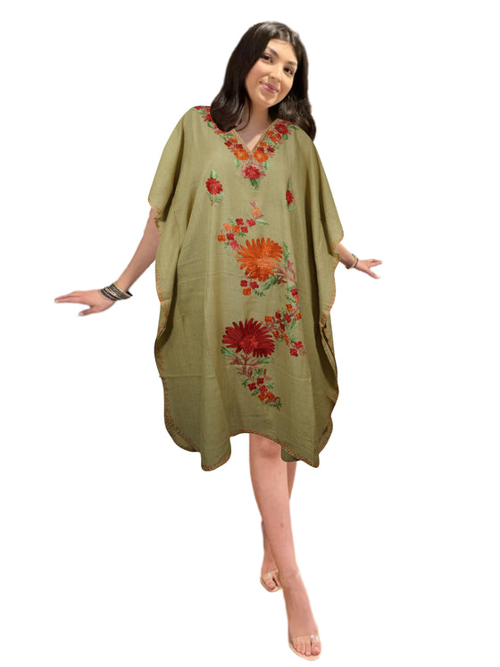 Women's Beige Cotton Embroidered Kaftan – Short Dress, Perfect Gift for Her L-2X
