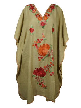 Gift For Her, Kaftan For Womens, Beige Short Dress, Cotton Embroidered Dresses L-2X