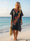 Women’s Black Kaftan Dress with Pink Embroidery – Boho Caftan Gift for Her  L-2X