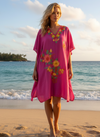 Women’s Magenta Embroidered Short Kaftan Dress – Oversized Poolside Beach Cover Up L-2X