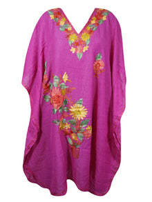  Women Short Kaftan Dress, Magenta Embroidered, Oversized Pool Dress L-2X