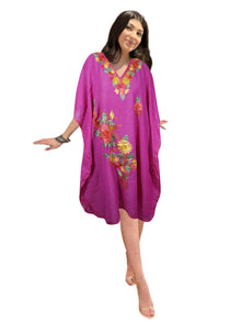  Women Short Kaftan Dress, Magenta Embroidered, Oversized Pool Dress L-2X
