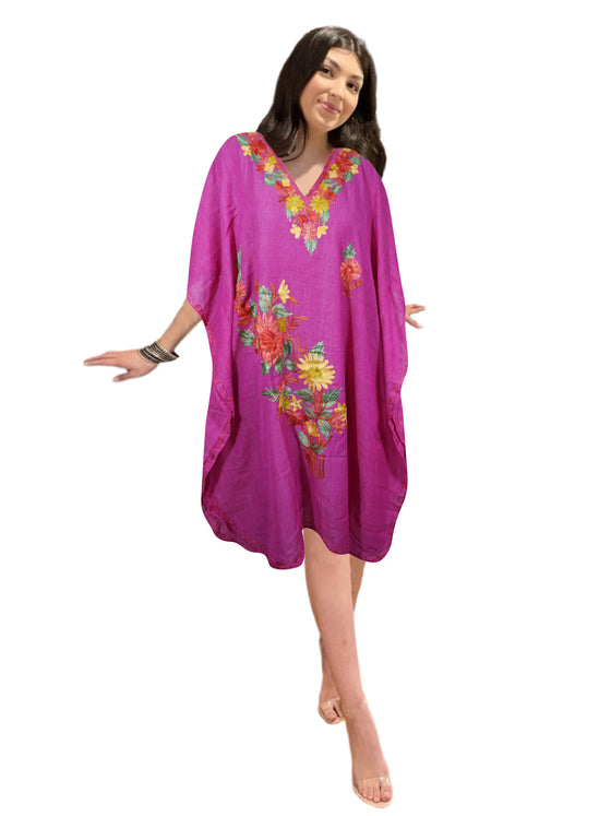 Women Short Kaftan Dress, Magenta Embroidered, Oversized Pool Dress L-2X