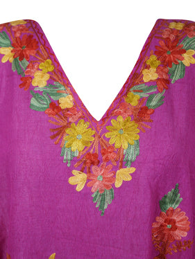 Women Short Kaftan Dress, Magenta Embroidered, Oversized Pool Dress L-2X