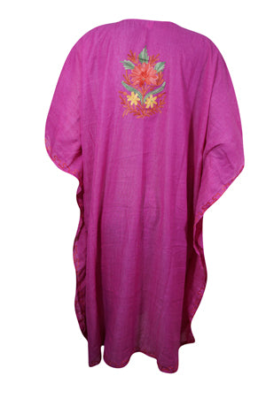 Women Short Kaftan Dress, Magenta Embroidered, Oversized Pool Dress L-2X