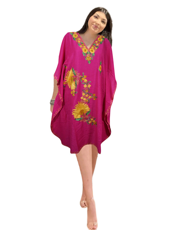 Womens Pink Kaftan Dress, Embroidered Resort Caftan, Housedress L-2X