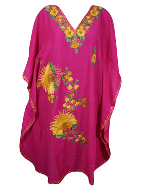 Womens Pink Kaftan Dress, Embroidered Resort Caftan, Housedress L-2X