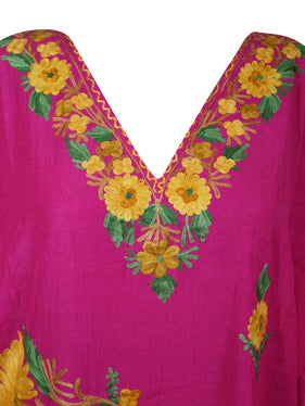 Women Short Kaftan Dress, Fuchsia Embroidered, Oversized Tunic, Leisure Wear L-2X