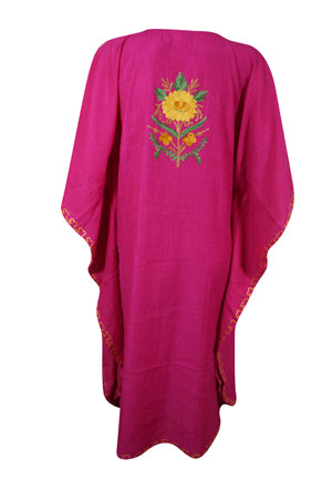 Women Short Kaftan Dress, Fuchsia Embroidered, Oversized Tunic, Leisure Wear L-2X